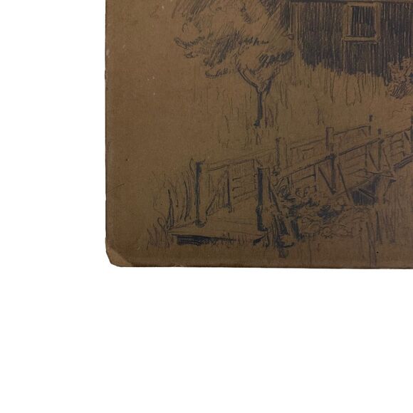 Pencil Drawing Cottage In The Woods Artist Unknown Unsigned Original Vintage - Picture 8 of 12